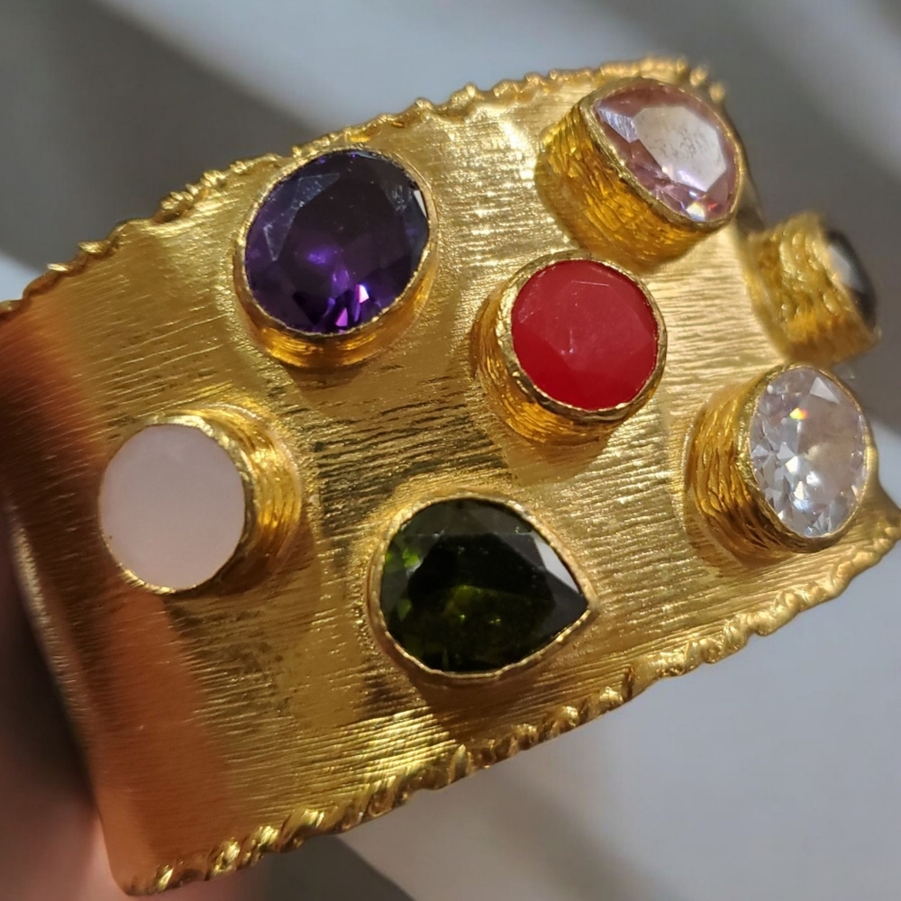 18k Triple Gold Plated Luxury Jeweled Cuff Bracelet - Picture 2 of 8